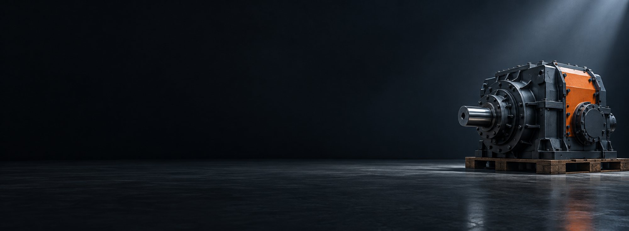 A large dark industrial gearbox standing on a wooden pallet at the right-hand end of an empty machine shop. One narrow shaft of cool daylight falls on it, catching a burnt-orange painted panel and the pale steel of a bare output shaft. The rest of the floor and wall is unlit.