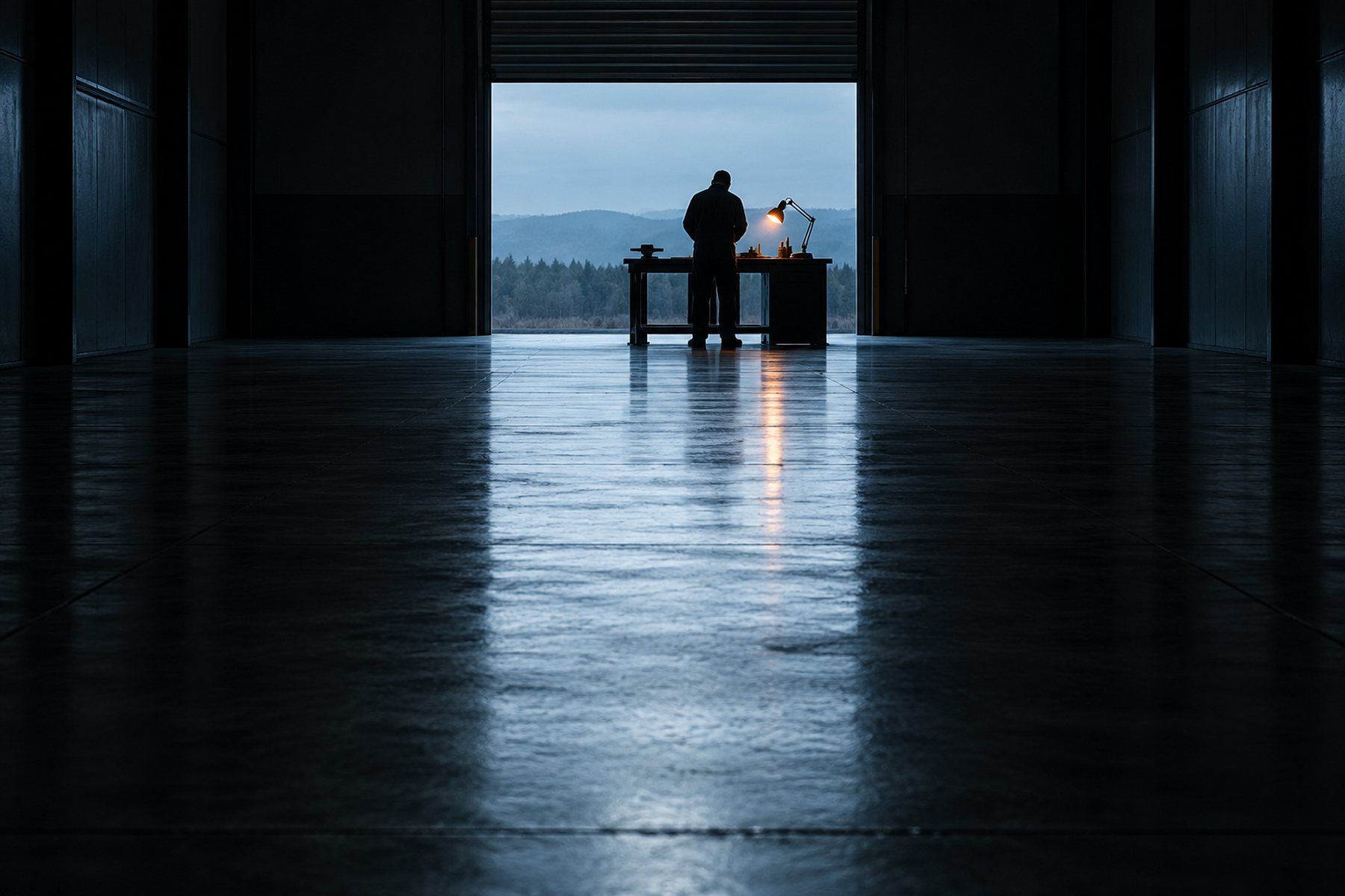 The far end of a long dark workshop. A single figure stands in silhouette at a workbench in the open roller-shutter doorway, with grey daylight and hills behind them, and one small orange lamp beside them. The polished floor carries the light back toward the camera.