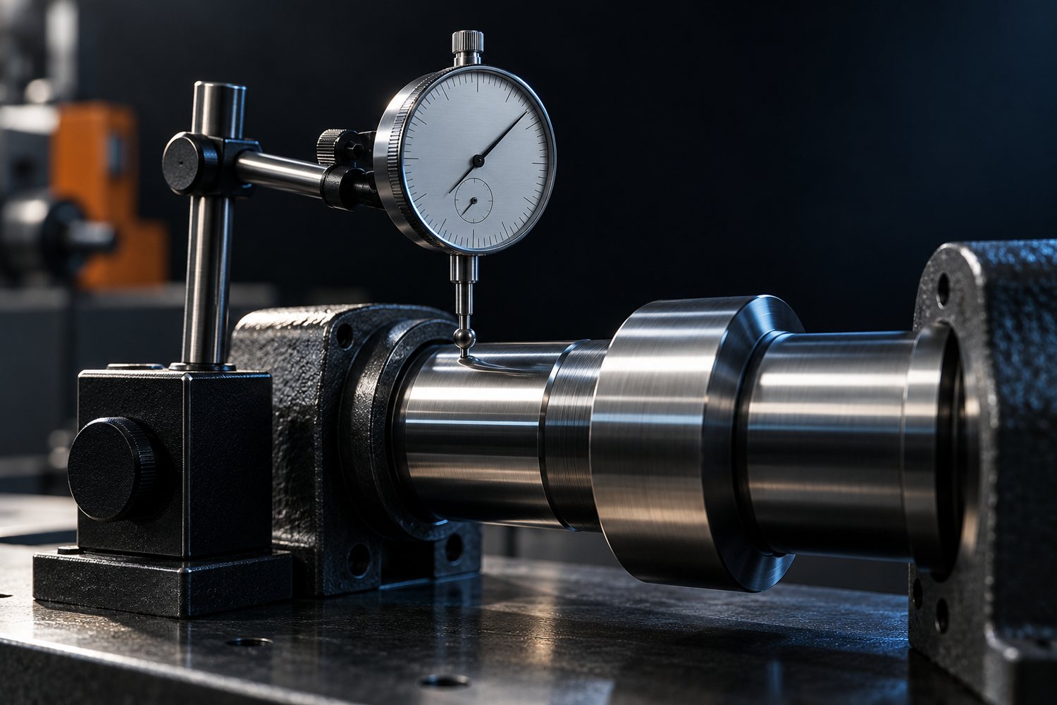 A dial indicator on a magnetic base, its stylus resting against the mirror-polished journal of a shaft held in a bearing housing on a dark steel surface plate.