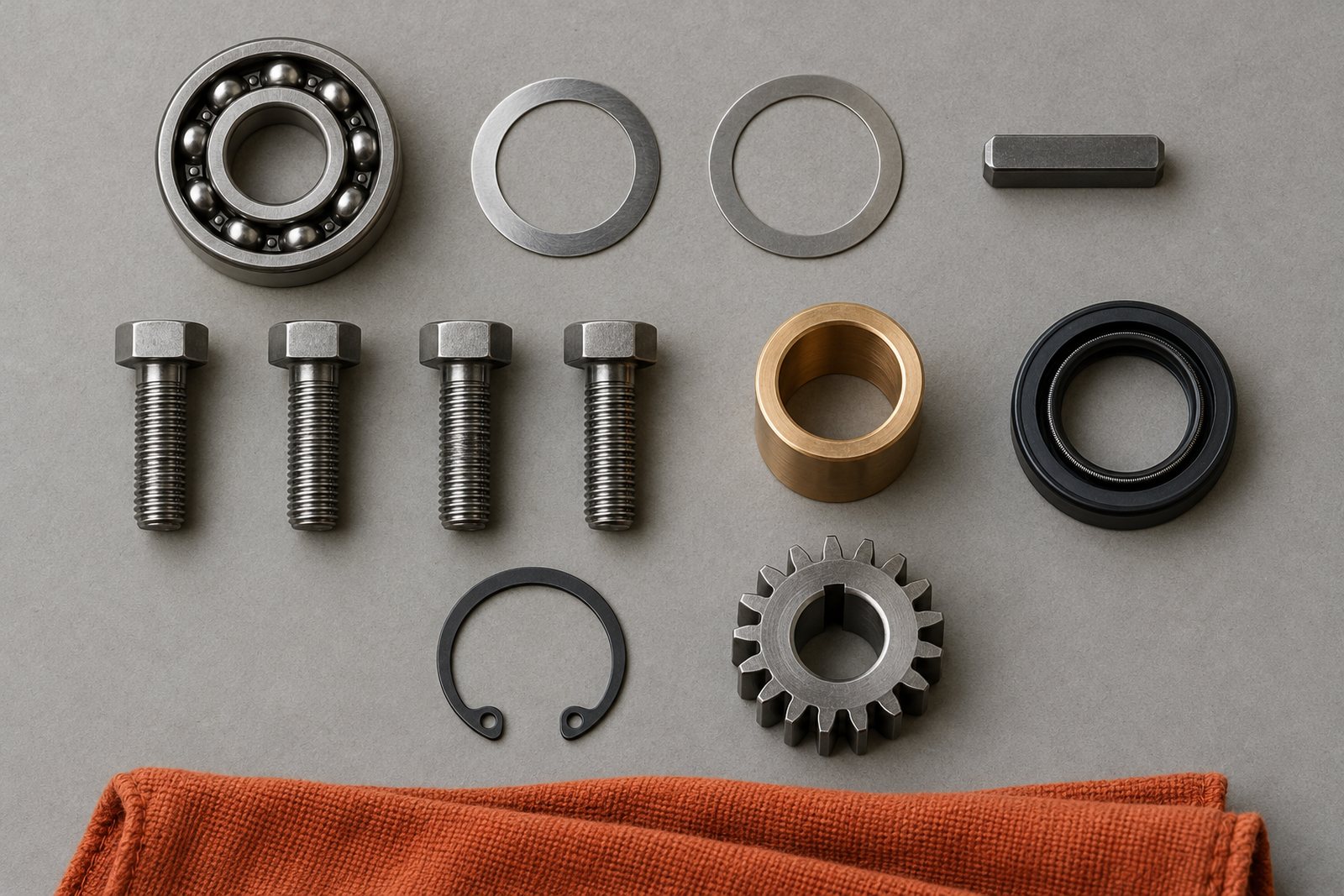 Twelve clean parts laid out in a grid on grey paper: a ball bearing, two shims, a machine key, four hex bolts, a bronze bush, an oil seal, a circlip and a small gear, each one isolated with space around it. A folded orange cloth lies along the bottom edge.